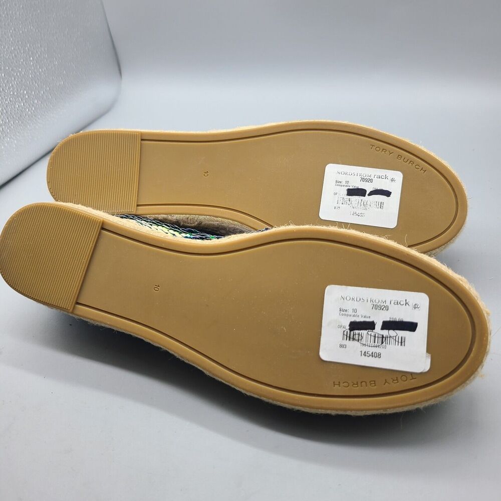 Tory Burch women flats sz 10 sequin espadrilles  ivory green logo new - Picture 11 of 13